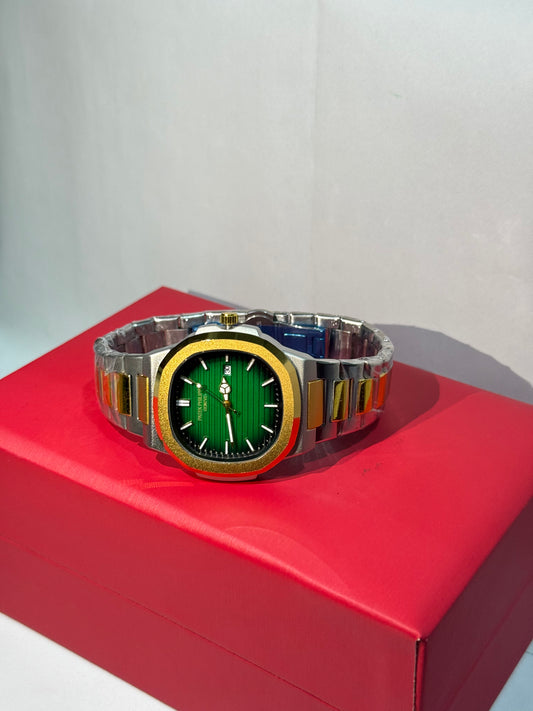 Patek Philippe | Two Tone Golden Chain | Date Edition | Black Green Premium Dial