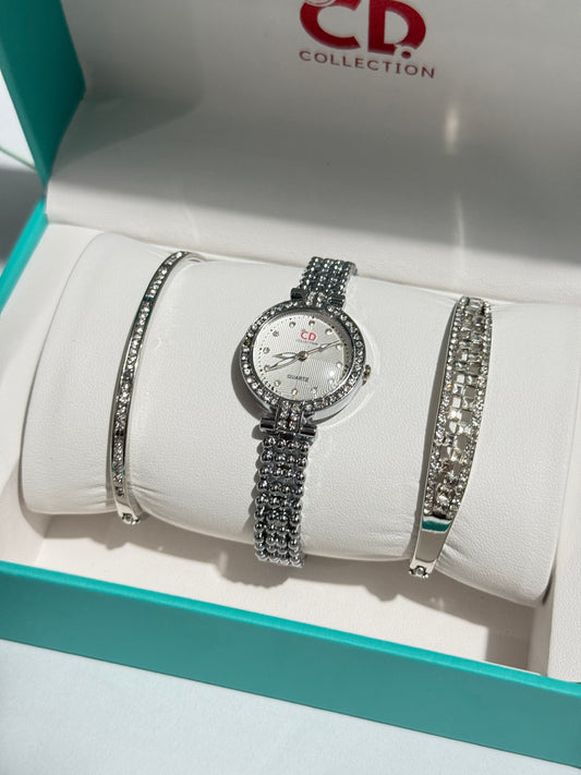 Girls Watch Luxury Gift Set – 3 Pieces Golden Gold Silver