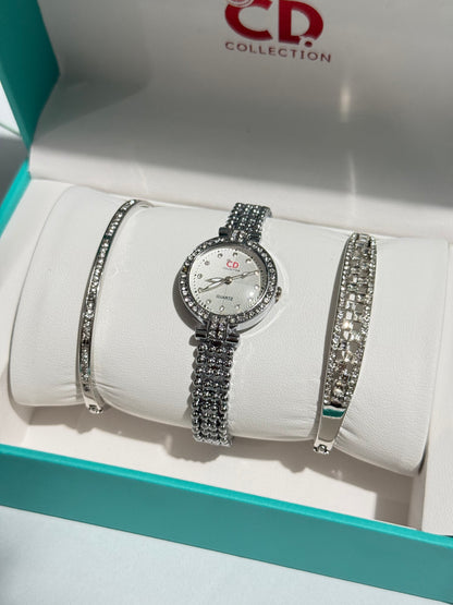 Girls Watch Luxury Gift Set – 3 Pieces Golden Gold Silver
